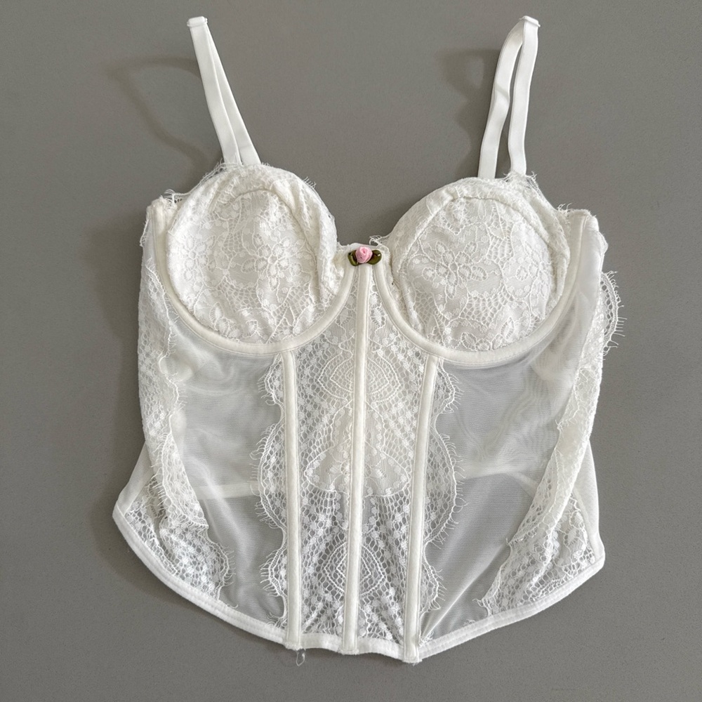 White Lace Bustier Chemise with Sheer Panels Coquette Fairy Bridal Romantic